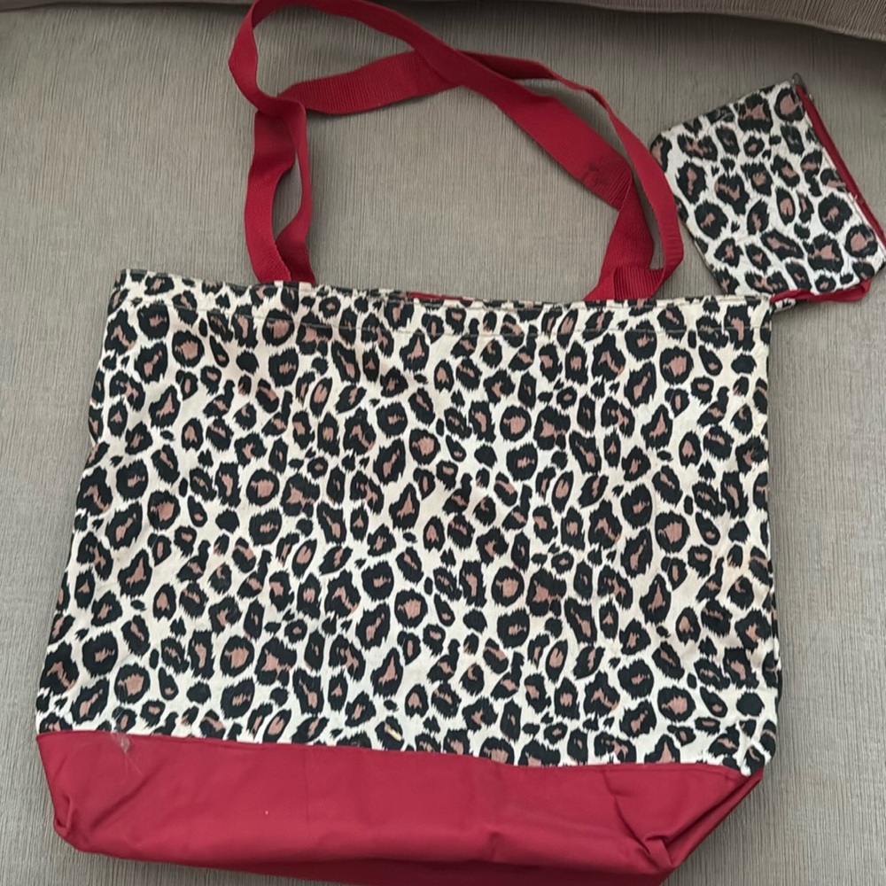 Leopard print tote bag with attach small bag